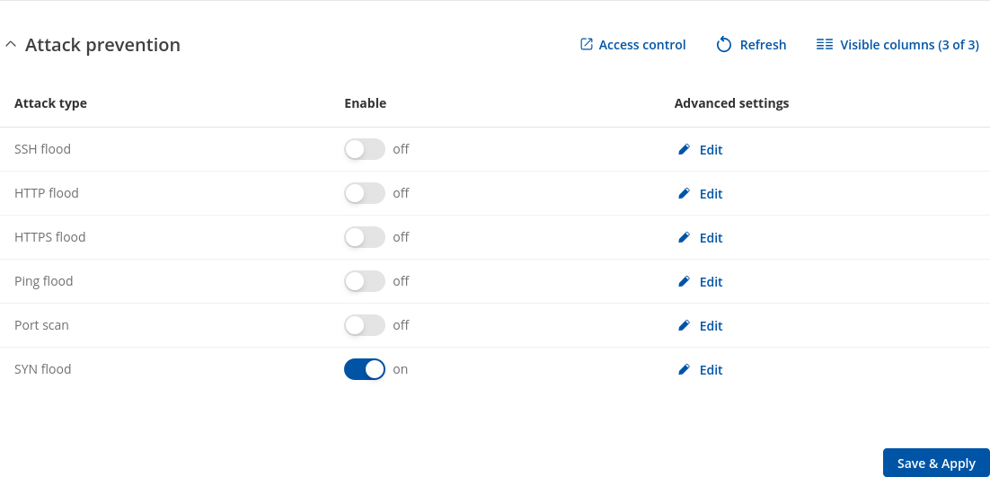 Teltonika RUTOS Attack Prevention settings showing SYN flood, port scan, and ping flood enabled on a RUTX50 router